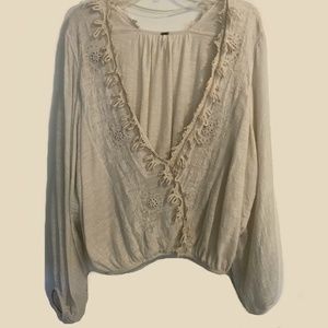 Free People Ivory Long Sleeve Lace Trim Top Sz L